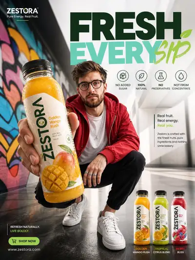 Premium Beverage Ad Poster with Streetwear Model
