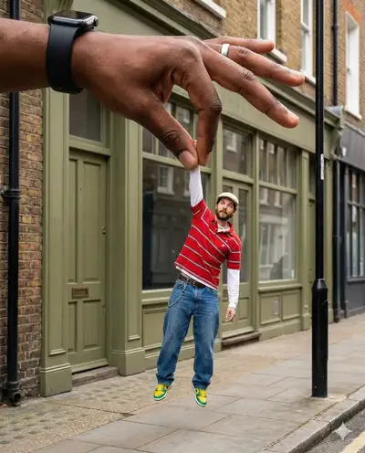 Forced-perspective giant hand street illusion