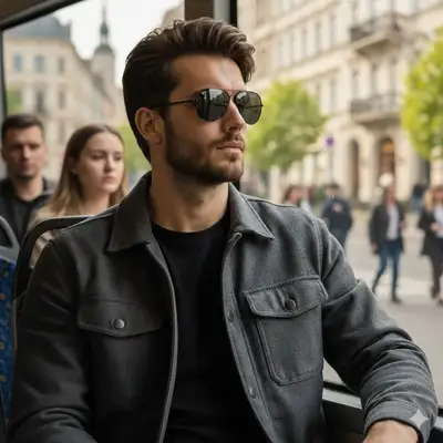 Hombre cinematográfico junto a la ventanilla de un autobús europeo