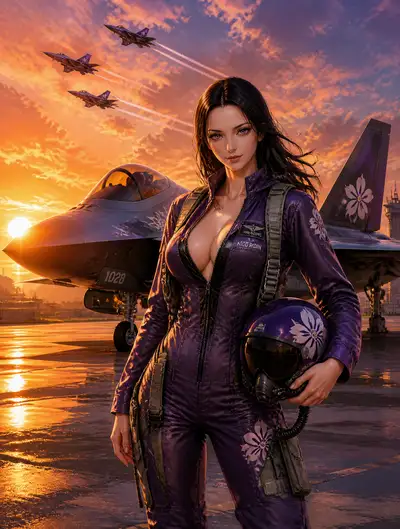 Fighter pilot character portrait with F-22 jets at sunset