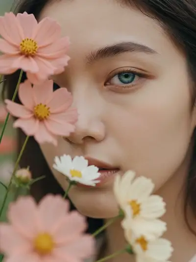 Close-up floral portrait with cosmos flowers and film grain