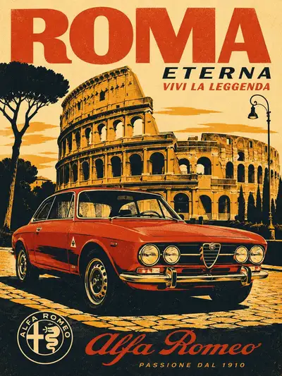 Vintage Italian Travel Poster of Rome with Alfa Romeo