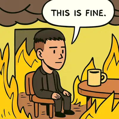 Ilustración de caricatura al estilo del meme "This is fine" en formato webcómic plano