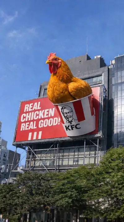 Riesiges rohes Hähnchen verwandelt sich auf einer Stadt-Reklametafel in Flügel