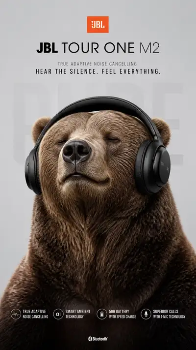 Grizzly bear wearing premium headphones product poster