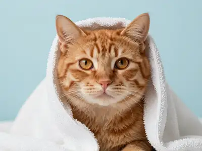 Ginger Cat Wrapped in a Towel After Bath Portrait