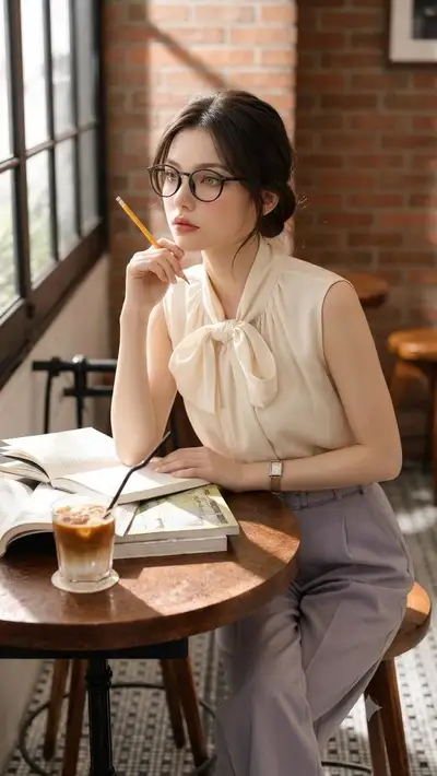Cozy cafe study lifestyle portrait, Douyin aesthetic