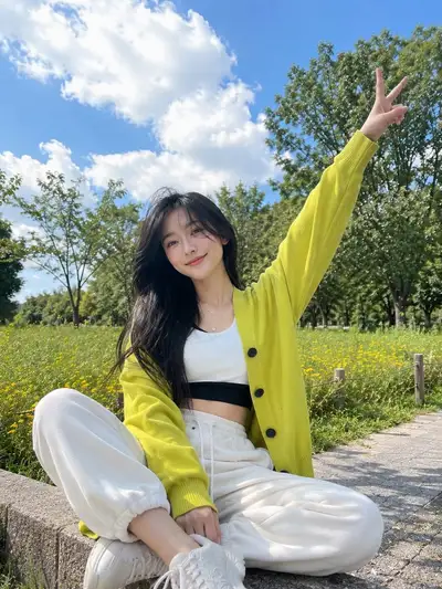 Cheerful outdoor park lifestyle portrait with neon cardigan