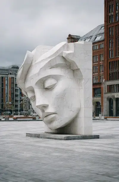 Sculpture en chrome fondant sur une place urbaine