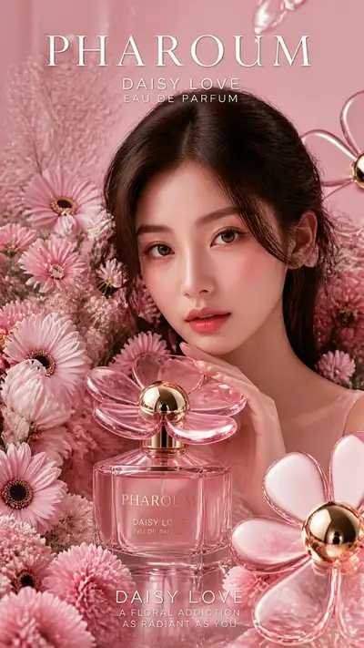 奢华香水广告，粉色雏菊，PHAROUM Daisy Love
