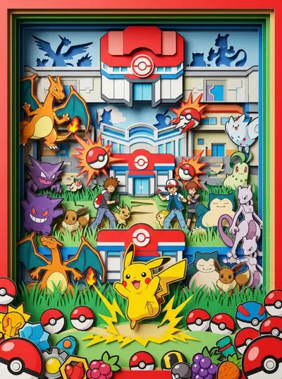 Layered paper cut-out diorama of the Pokemon world with Pikachu