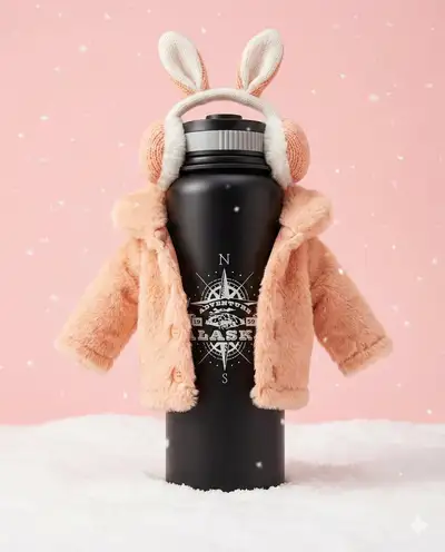 Winter Water Bottle Product Photography with Cute Anthropomorphic Style