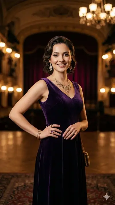 Elegant Woman in Purple Velvet Theatre Gown