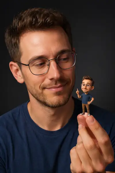 Photorealistic portrait with a tiny Pixar-style miniature on fingertips