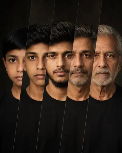 Cinematic age progression portrait from child to elderly