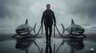 Man Walking Great White Sharks on Foggy Beach