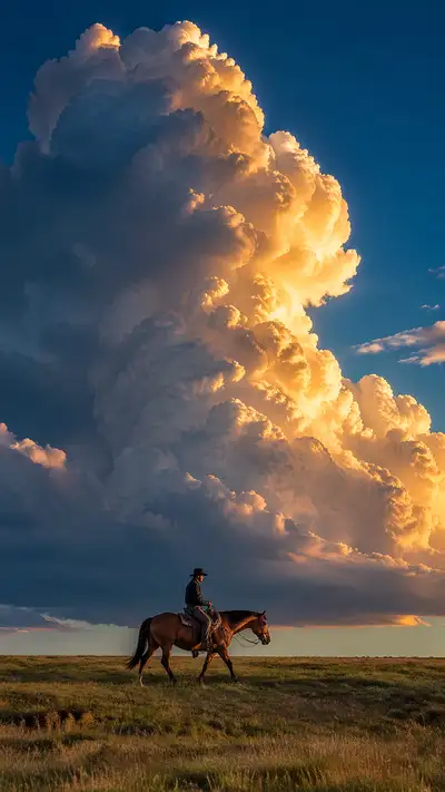 Cowboy on horseback against a towering sunset cumulus cloud