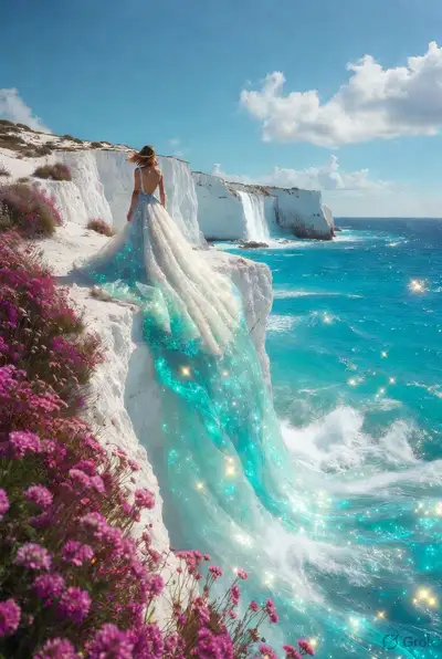 Surreal Fantasy Waterfall Wedding Dress Cliff Scene
