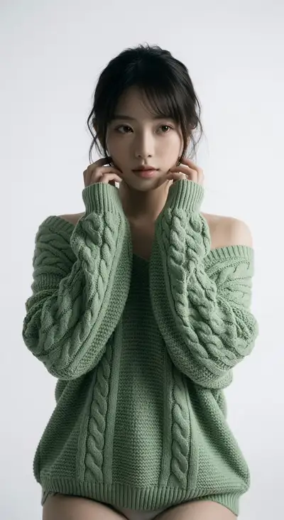 Photorealistic Portrait of Young East Asian Woman in Knit Sweater