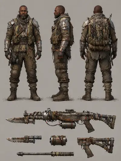 Post-apocalyptic scavenger character turnaround sheet