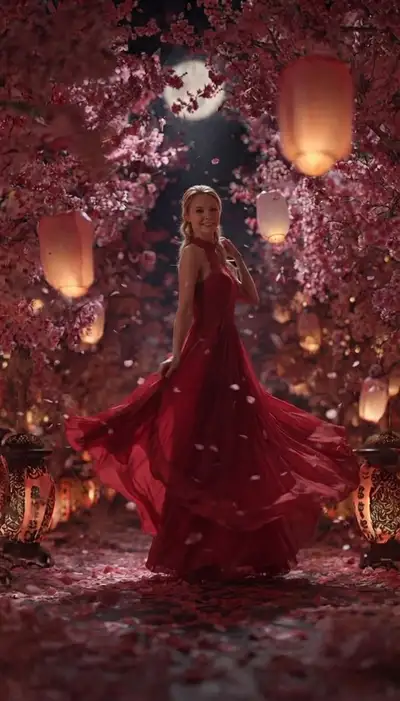 Mulher com vestido vermelho em um caminho de cerejeiras com lanternas