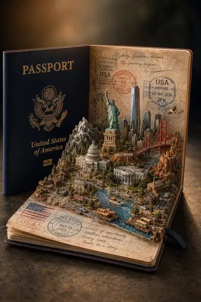 Miniatur-Diorama-Welt in einem geöffneten Reisepass