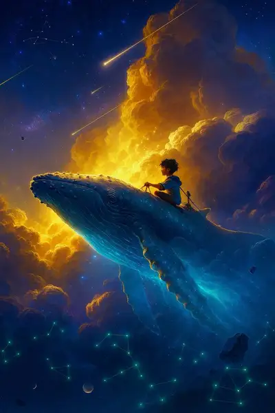 Cinematic Fantasy Boy on Bioluminescent Whale