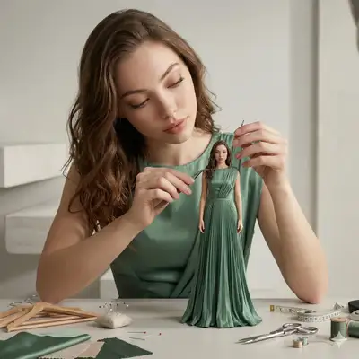 Prompt für Studioszene: Frau schneidert ihr Miniatur-Ich