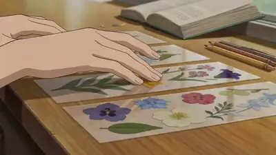 Ghibli-style ASMR anime scene of a pressed-flower bookmark craft