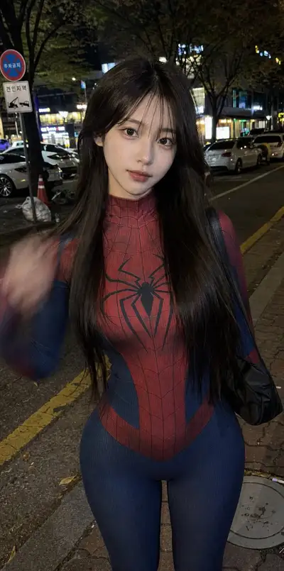 Nachtporträt auf dem Bürgersteig in Night City mit Spinnen-Bodysuit