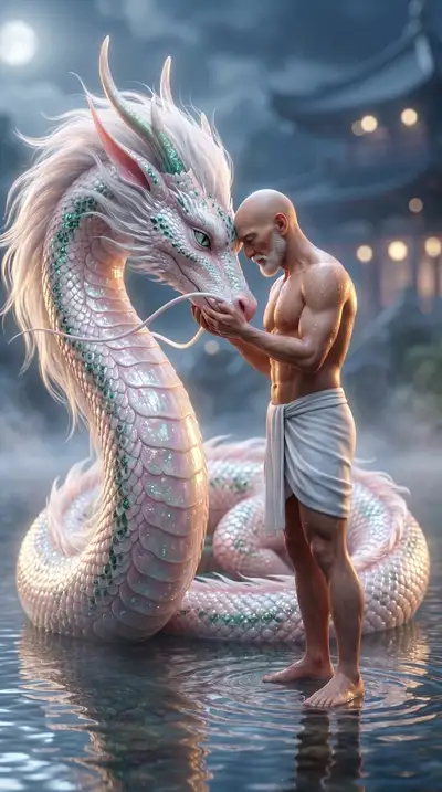 Man and elegant Eastern wish dragon fantasy portrait