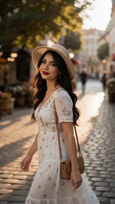 Paseo callejero cinematográfico a la hora dorada con vestido floral
