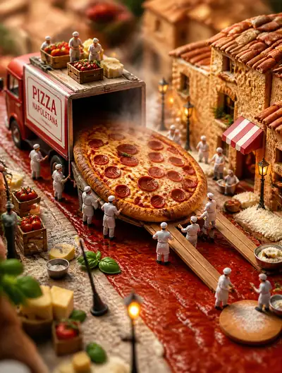 Miniature Diorama of a Tiny Pizza Production Team