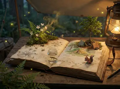 Cena 3D de Caderno de Campo Naturalista com Ilustrações Vivas