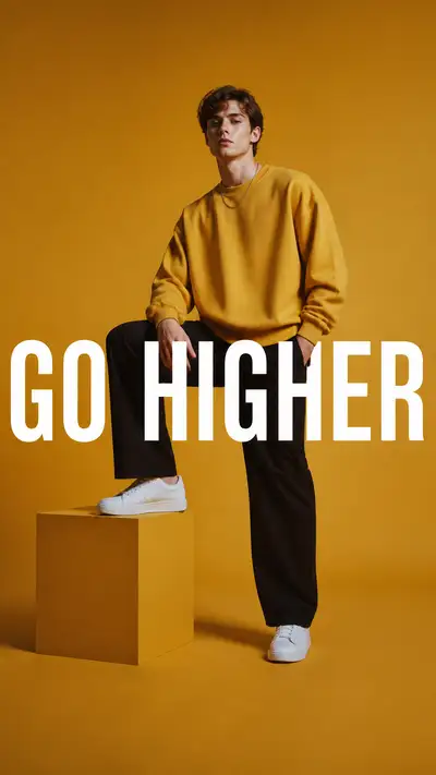 Mustard sweatshirt luxury fashion campaign portrait