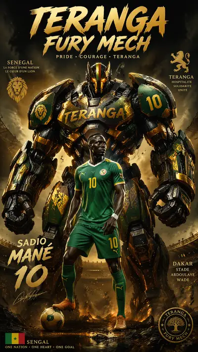 Senegal World Cup mech poster: Teranga Fury Mech with Mane