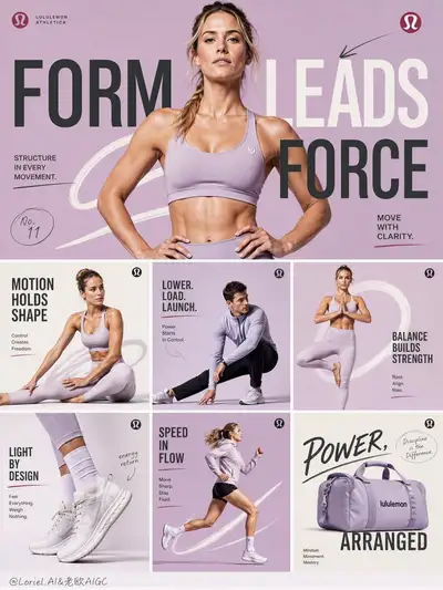 Lululemon campaign board with hero banner and six panels