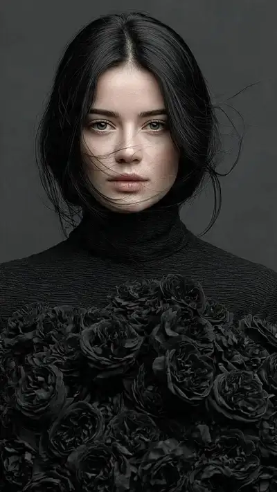 Gothic-elegant fine-art portrait with sculpted rose details