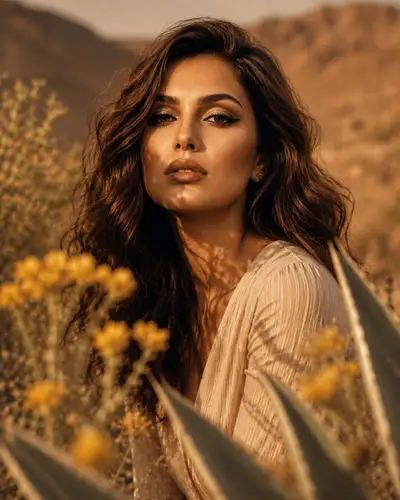Golden hour desert beauty editorial close-up prompt