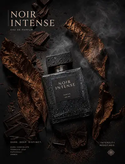 Dark editorial perfume bottle photography with cocoa smoke and tobacco leaf