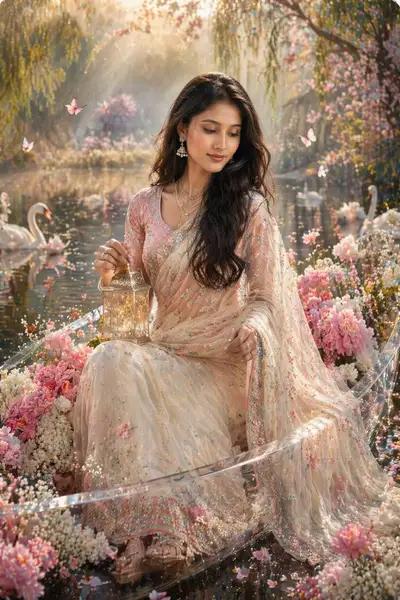 Vogue fairytale editorial portrait in a flower-filled glass boat