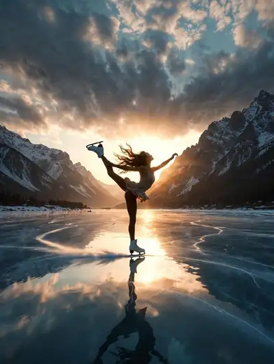 Silhouette Figure Skater on Frozen Lake at Sunset