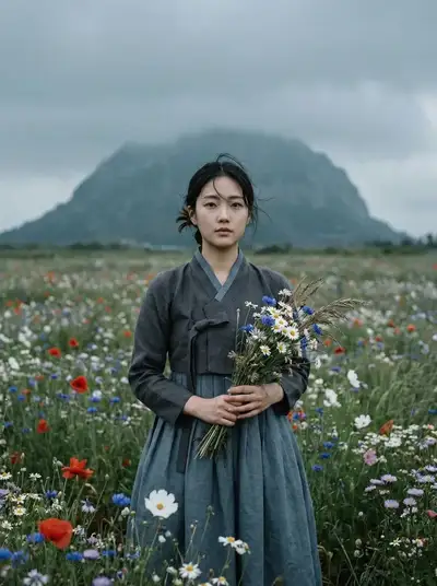 Cinematic hanbok portrait in a wildflower meadow
