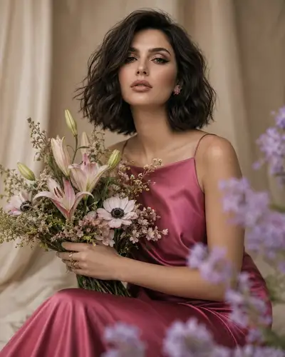 Elegant Editorial Portrait with a Bouquet of Pink Lilies
