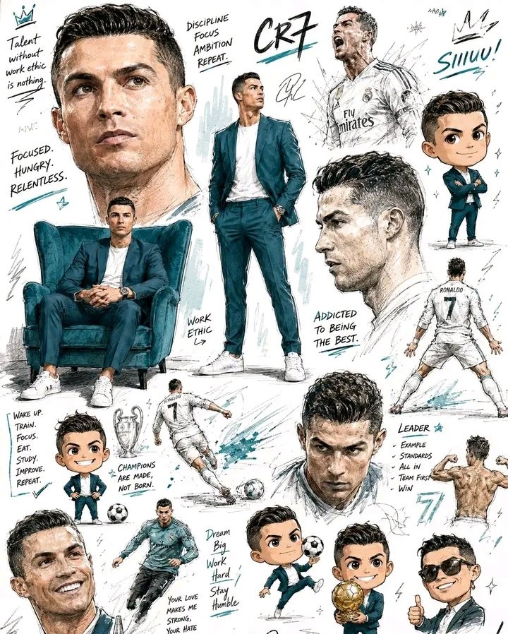 Create a highly detailed motivational scrapbook-style collage of Cristiano