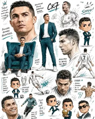 Erstelle eine extrem detaillierte motivierende Scrapbook-Collage von Cristiano