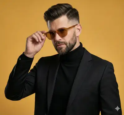 黒スーツと黄色背景のプロフェッショナルな男性ポートレート