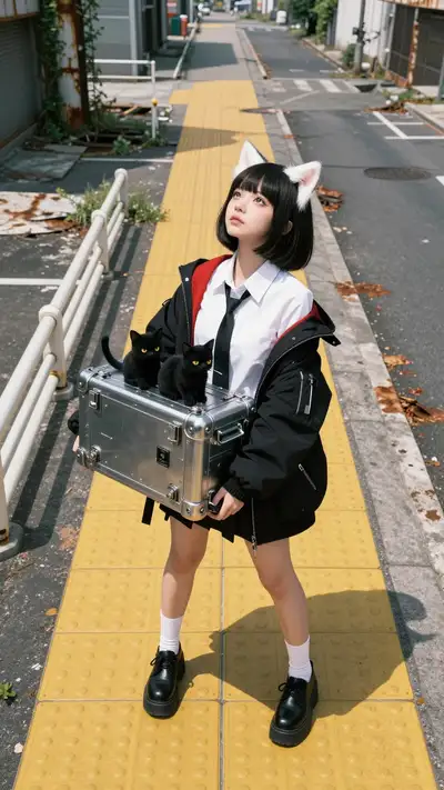 Anime style girl with cat ears carrying a metal box in a ruined city