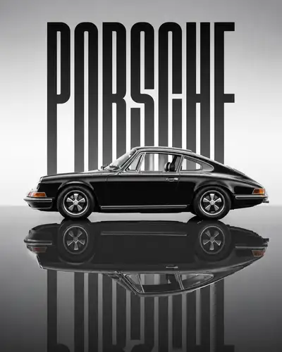 Classic Porsche reflective studio ad photo prompt