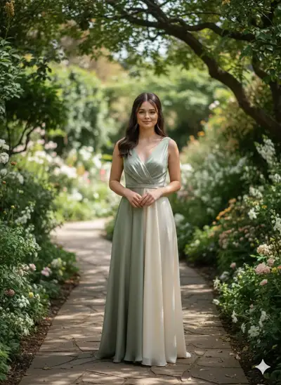 Natural cinematic garden portrait in a sage silk gown